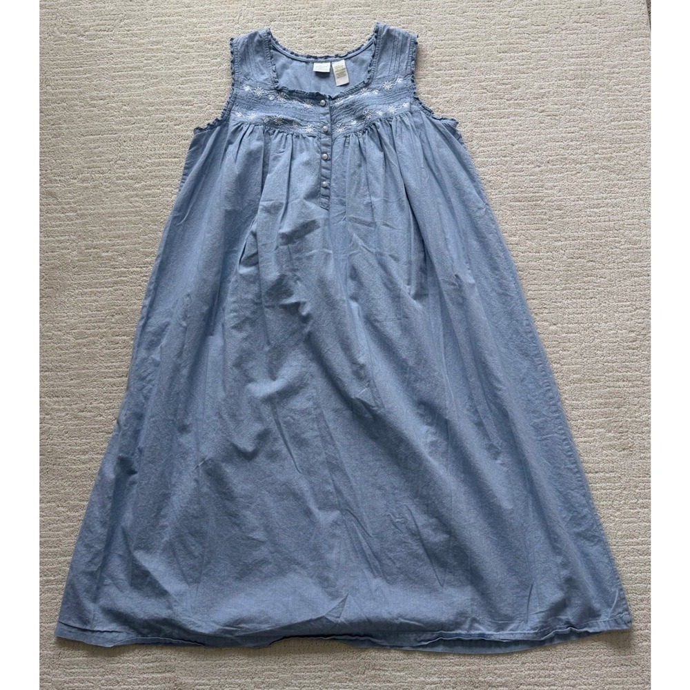Gilligan O'Malley Blue Cotton Nightgown Floral Embroidered Sleeveless Large - Picture 8 of 9